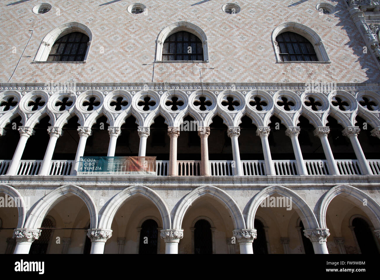 The exterior facade of the Doge`s Palace (Palazzo Ducale) in Venetian Gothic architecture, Piazzetta San Marco, Venice, Veneto, Italy. Stock Photo
